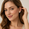 European model tucking hair, Swarneva diamond flower earrings, dewdrop sparkle