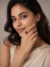Swarneva Aura Prism Open Ring worn by Indian model hand editorial, gold blue prism open ring
