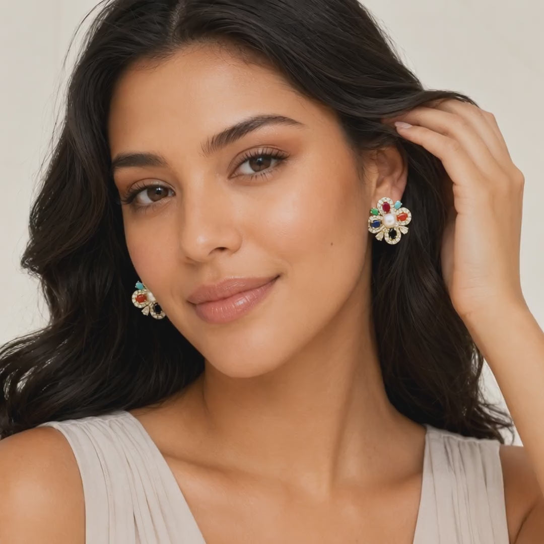 NavratnaMulti-Gemstone-Cross-Studs-with-Pearl-Video