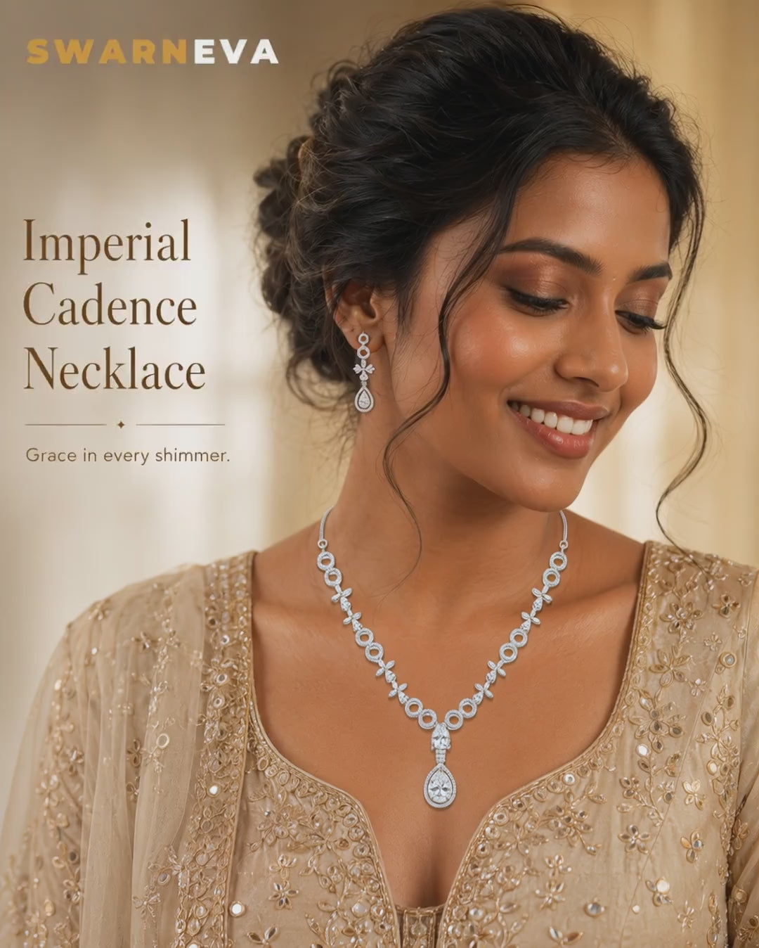 Imperial Cadence Necklace video – Swarneva silver-tone necklace, white stones, 220 x 15 mm, 22.5 g, elegant model showcase and close-up sparkle