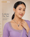 Swarneva Celeste Tie Set video – silver-tone alloy, sapphire-blue pear stones, necklace 115mm x 90mm, earrings 20mm x 22mm, weight 7.5g and 5.20g, elegant model reveal and close-up shine