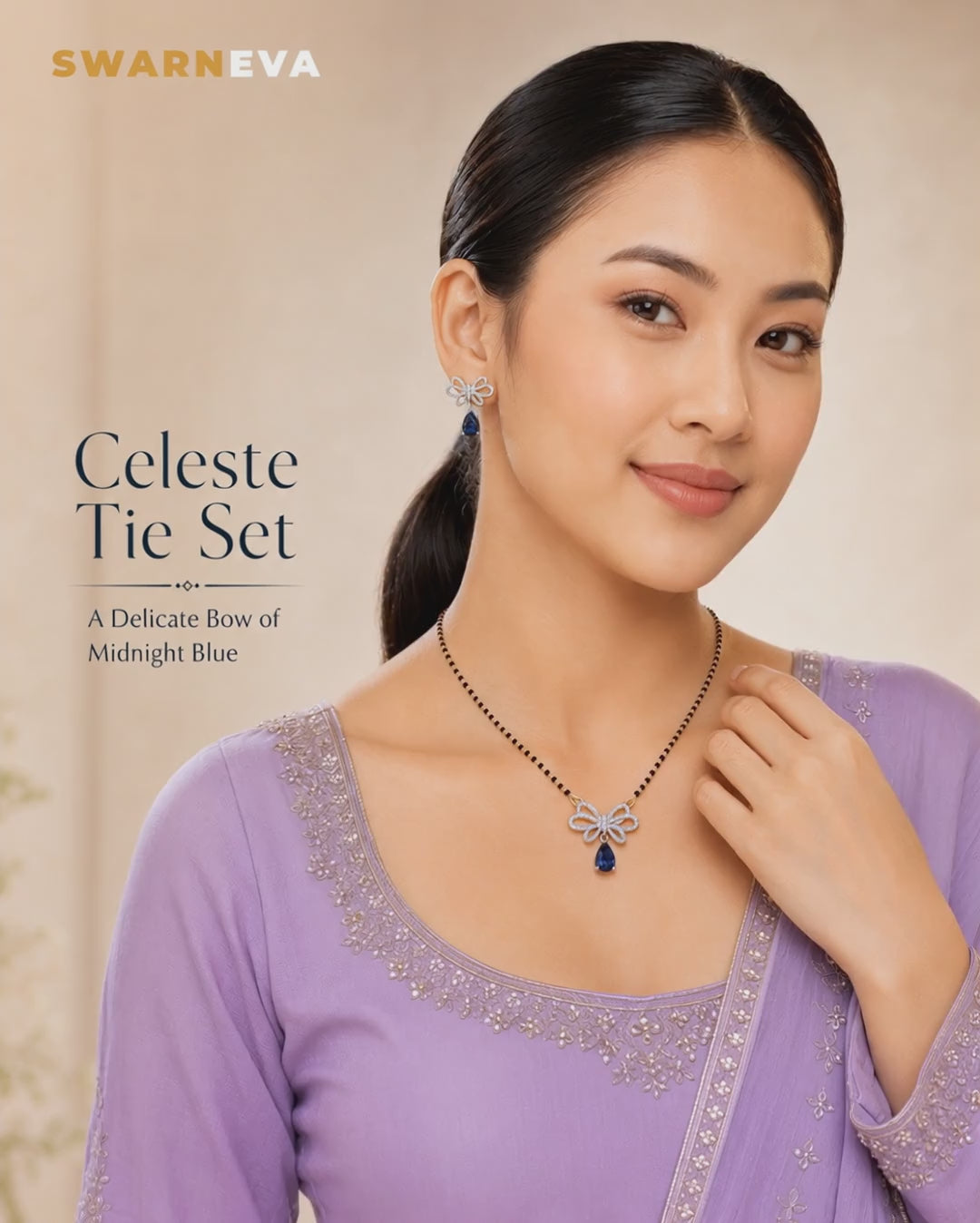 Swarneva Celeste Tie Set video – silver-tone alloy, sapphire-blue pear stones, necklace 115mm x 90mm, earrings 20mm x 22mm, weight 7.5g and 5.20g, elegant model reveal and close-up shine