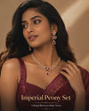 Swarneva Imperial Peony Set video – gold-tone brass alloy, ruby-pink pear-cut stones and white CZ pavé, necklace 120mm x 140mm with 80mm chain, earrings 42mm x 18mm, weight 27.5g and 12g, graceful model reveal and close-up shine