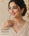 Luminary Petal Necklace & Earrings Set video – silver-tone alloy, clear American diamond/CZ-style stones, necklace 220 x 30 mm and 17.50 g, earrings 35 x 18 mm and 6.20 g, elegant festive styling reveal