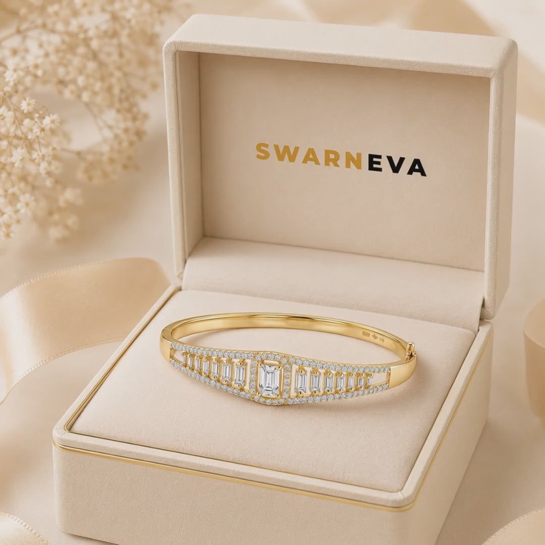 Swarneva The Ritz Silhouette Bracelet video – gold alloy, cubic zirconia, 45 x 55 mm, 8.1 grams, unboxing showcasing hinged bracelet