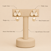Swarneva Clover Pearl Drops on premium earring display, stainless steel gold-tone clover earrings with pearl-white detailing, dimensions 14mm x 14mm, weight 4.1g.