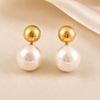 Swarneva gold-tone stainless steel imitation pearl drop stud earrings, 30mm x 15mm elegant double bead design