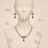 Swarneva Imperial Peony Set on premium bust mannequin, gold-tone brass alloy necklace 120mm x 140mm with 80mm chain and earrings 42mm x 18mm, weight necklace 27.5g and earrings 12g.