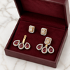 Swarneva Imperial Ruby 2-in-1 earring set in burgundy box – studs and jacket pieces displayed separately on red velvet