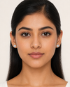 South Asian model wearing Swarneva The Lumina Circle Earring – white gold, round white solitaire with full circle micro-pave diamond halo, 10mm