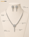 Swarneva Luminary Petal Necklace & Earrings Set displayed on full torso mannequin with head and bust, silver-tone floral jewelry with clear stones, necklace 220 x 30 mm, 17.50 g, earrings 35 x 18 mm, 6.20 g.