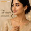 Indian female model styling The Aurelia Set with gold alloy hexagon pendant and earrings, 14 x 14 mm