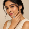 Indian female model wearing The Azure Crown Ring in 925 sterling silver with blue pear stone, 12 x 18 mm
