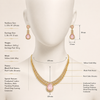 Swarneva The Blush Monarch Set on full torso mannequin, gold alloy necklace and earrings set, earrings 20 x 22 mm, necklace 115 x 90 mm, total weight 32.70 grams
