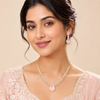 Swarneva The Blush Monarch Set on Indian female model, gold alloy necklace and earrings set, earrings 20 x 22 mm, necklace 115 x 90 mm