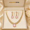 Swarneva The Blush Monarch Set in premium jewelry box, gold alloy pink stone necklace and earrings set, earrings 20 x 22 mm, necklace 115 x 90 mm