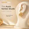 Swarneva Aura Vortex Studs mannequin catalog card, gold spiral sculptural stud earrings 30x26mm