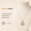 Swarneva Celestial Eye Medallion Necklace mannequin catalog card, multicolor evil eye silver medallion