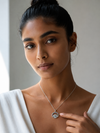 Swarneva Celestial Eye Medallion Necklace worn by Indian model collarbone, multicolor evil eye medallion editorial