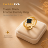 Swarneva Classic Black Enamel Eternity Ring mannequin catalog card, black enamel clover gold adjustable ring