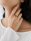 Swarneva Classic Black Enamel Eternity Ring worn by Indian model hand jaw, black enamel clover gold double band editorial