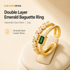 Swarneva Double Layer Emerald Baguette Ring mannequin catalog card, gold emerald baguette double band adjustable
