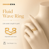 Swarneva Fluid Wave Ring mannequin catalog card, double organic wave gold bands adjustable 2.1g