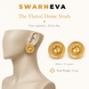 Swarneva Fluted Dome Studs mannequin catalog card, gold ribbed fluted circular disc stud earrings 28mm