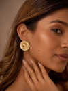 Swarneva Fluted Dome Studs worn by Indian model profile ear, gold ribbed disc dome stud earring editorial