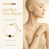 Swarneva Gold Clover Bracelet mannequin catalog card, gold fine chain black and white clover variants