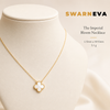 Swarneva Imperial Bloom White Clover Gold Necklace mannequin catalog card, white clover pendant 14mm