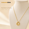 Swarneva Infiniti Arc Necklace mannequin catalog card, chunky gold circle pendant necklace 5.3g