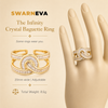 Swarneva Infinity Crystal Baguette Ring mannequin catalog card, wide double baguette band infinity loop 20mm