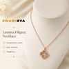 Swarneva Lumina Filigree Necklace mannequin catalog card, rose gold filigree crystal pendant 15x15mm