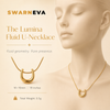 Swarneva Lumina Fluid U-Necklace mannequin catalog card, mirror-polished gold U pendant snake chain