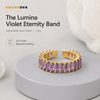 Swarneva Lumina Violet Eternity Band mannequin catalog card, violet baguette adjustable open band ring