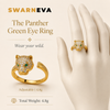 Swarneva Panther Green Eye Ring mannequin catalog card, crystal pave panther green eye adjustable ring