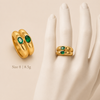 Swarneva Royal Green Emerald Wide Band Ring mannequin catalog card, gold wide band emerald stones adjustable