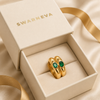 Swarneva Royal Green Emerald Wide Band Ring in premium cream luxury jewelry box gifting