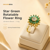 Swarneva Star Green Rotatable Flower Ring mannequin catalog card, spinning green lotus bloom 16x16mm