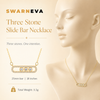 Swarneva Three Stone Slide Bar Necklace mannequin catalog card, gold crystal bar 25mm 3 bezel stones