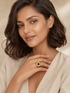 Swarneva Vintage Gold Sunburst Cocktail Ring worn by Indian model, gold sunburst black onyx ring editorial